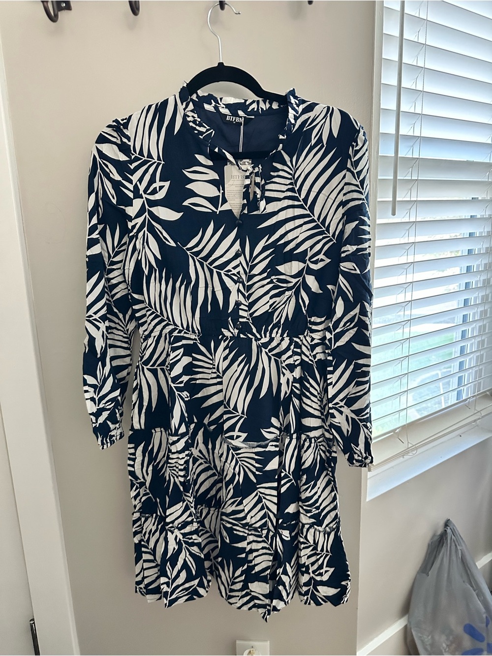Ruffle Neck Navy & White Leaf-Print Long Sleeve Dress